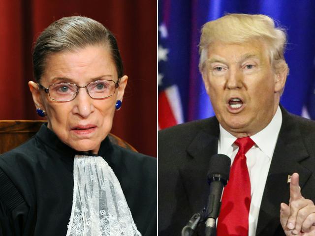 (COMBO) This combination of pictures created on July 13, 2016 shows US Supreme Court Associate Justice Ruth Bader Ginsburg (L) in Washington, DC, on October 8, 2010 and Republican presidential nominee Donald Trump in New York on June 22, 2016. Trump called on July 13, 2016, for the resignation of the Ginsburg, charging that her "mind is shot" after the 83-year-old branded him a "faker." It is exceptional for a US Supreme Court justice to speak openly about politics and their political preferences. But Ginsburg dropped all pretenses of reserve in two interviews she gave recently and which have caused a sensation. / AFP PHOTO / TIM SLOAN AND KENA BETANCUR (AFP) (COMBO) This combination of pictures created on July 13, 2016 shows US Supreme Court Associate Justice Ruth Bader Ginsburg (L) in Washington, DC, on October 8, 2010 and Republican presidential nominee Donald Trump in New York on June 22, 2016. Trump called on July 13, 2016, for the resignation of the Ginsburg, charging that her "mind is shot" after the 83-year-old branded him a "faker." It is exceptional for a US Supreme Court justice to speak openly about politics and their political preferences. But Ginsburg dropped all pretenses of reserve in two interviews she gave recently and which have caused a sensation. / AFP PHOTO / TIM SLOAN AND KENA BETANCUR (AFP)