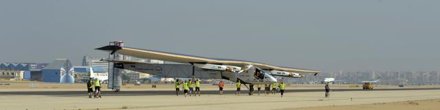The ground crew of Solar Impulse 2 surrounds the aircraft landed at Cairo International Airport on Wednesday. (AFP) The ground crew of Solar Impulse 2 surrounds the aircraft landed at Cairo International Airport on Wednesday. (AFP)