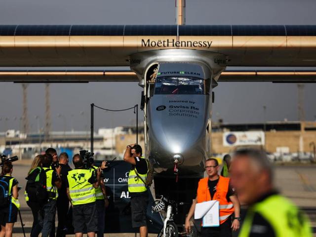 Solar Impulse 2, flew out of the Seville airport in Spain on Monday and landed in Cairo on Wednesday. (AP Photo)