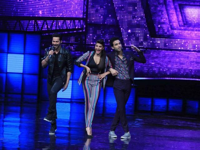 But hey! We didn’t forget the leading lady of course. Jacqueline Fernandez, Varun and Raghav Juyal on the sets of reality show Dance + season 2, to promote upcoming film on Monday. (IANS) But hey! We didn’t forget the leading lady of course. Jacqueline Fernandez, Varun and Raghav Juyal on the sets of reality show Dance + season 2, to promote upcoming film on Monday. (IANS)