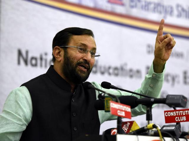 HRD minister Prakash Javadekar addresses a discussion regarding National Education Policy: Expectations and challenges, in New Delhi.(Sonu Mehta/HT Photo)