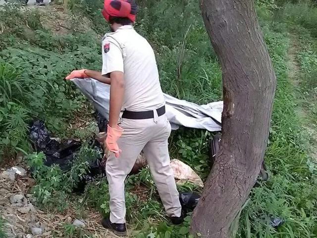 Cops at the crime scene in Mehmadpur village on Thursday morning.(HT Photo)