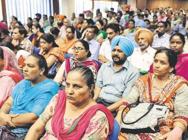 Teachers from across the state in a meeting with education minister Daljit Singh Cheema on Wednesday.(HT File Photo)