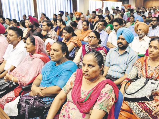 Teachers from across the state in a meeting with education minister Daljit Singh Cheema. (Keshav Singh/HT Photo) Teachers from across the state in a meeting with education minister Daljit Singh Cheema. (Keshav Singh/HT Photo)