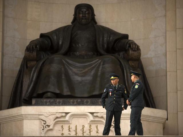 Mongolians celebrate July 11 as the anniversary of Mongolian emperor Genghis Khan’s march to world conquest. Officers stand guard in front of the statue of Genghis Khan at Sukhbaatar Square in Ulaanbaator. (AP) Mongolians celebrate July 11 as the anniversary of Mongolian emperor Genghis Khan’s march to world conquest. Officers stand guard in front of the statue of Genghis Khan at Sukhbaatar Square in Ulaanbaator. (AP)