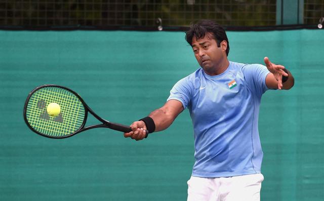Indian tennis player Leander Paes at a practice session in Chandigarh on Thursday ahead of the Davis Cup.(PTI Photo)