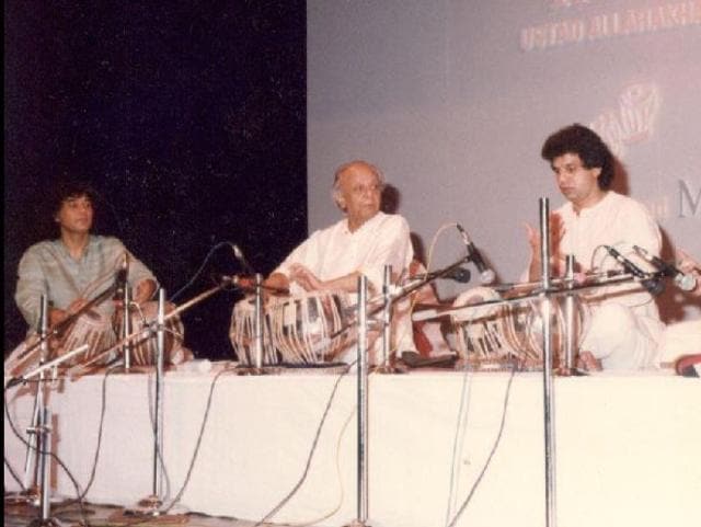 From left: Zakir Hussain, Ustad Allarakha and Fazal Qureshi performing together at a concert. From left: Zakir Hussain, Ustad Allarakha and Fazal Qureshi performing together at a concert.