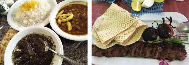 Culinary delights in Iran: chicken cooked in walnut paste and pomegranate juice served with rice and chickpeas; Koobideh lamb kebab. (Wendell Rodricks) Culinary delights in Iran: chicken cooked in walnut paste and pomegranate juice served with rice and chickpeas; Koobideh lamb kebab. (Wendell Rodricks)