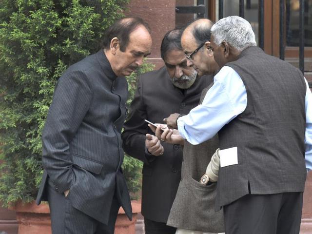 Union finance minister Arun Jaitley with Congress leaders Anand Sharma, Ghulam Nabi Azad and Left leader D Raja at the Prime Minister’s office in Delhi. (HT File Photo) Union finance minister Arun Jaitley with Congress leaders Anand Sharma, Ghulam Nabi Azad and Left leader D Raja at the Prime Minister’s office in Delhi. (HT File Photo)