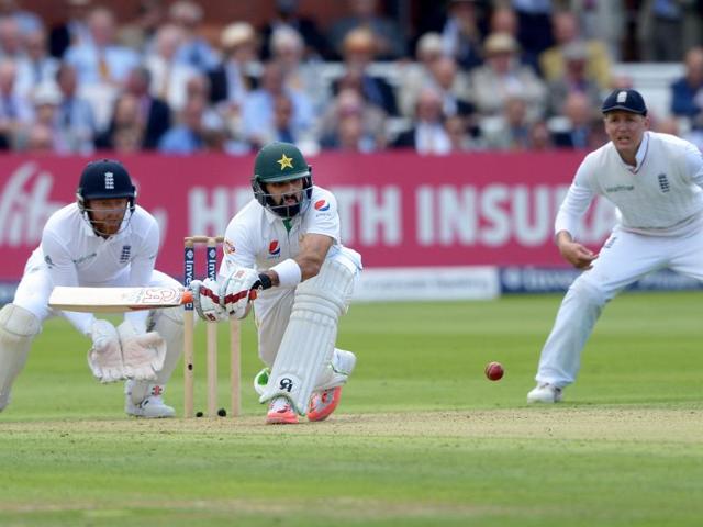 Pakistan's Misbah-ul-Haq bats on day one of the Test match against England at Lord's, London. (AP Photo) Pakistan's Misbah-ul-Haq bats on day one of the Test match against England at Lord's, London. (AP Photo)