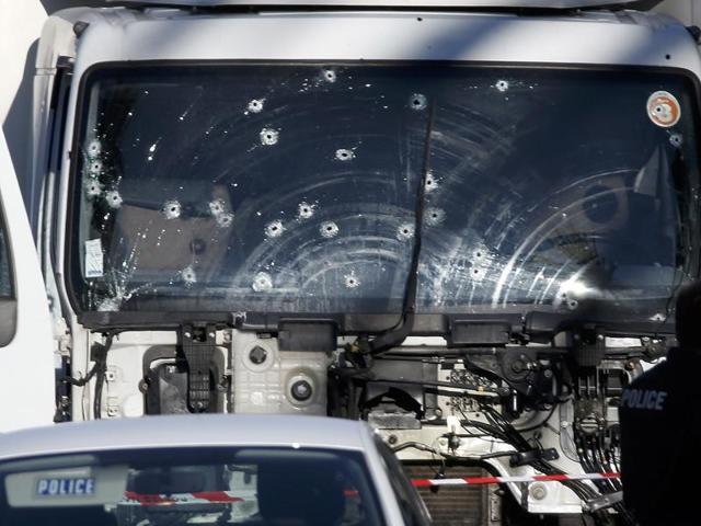 Bullet impacts are seen on the heavy truck which ran into a crowd at high speed killing scores celebrating the Bastille Day July 14 national holiday on the Promenade des Anglais in Nice. (REUTERS) Bullet impacts are seen on the heavy truck which ran into a crowd at high speed killing scores celebrating the Bastille Day July 14 national holiday on the Promenade des Anglais in Nice. (REUTERS)