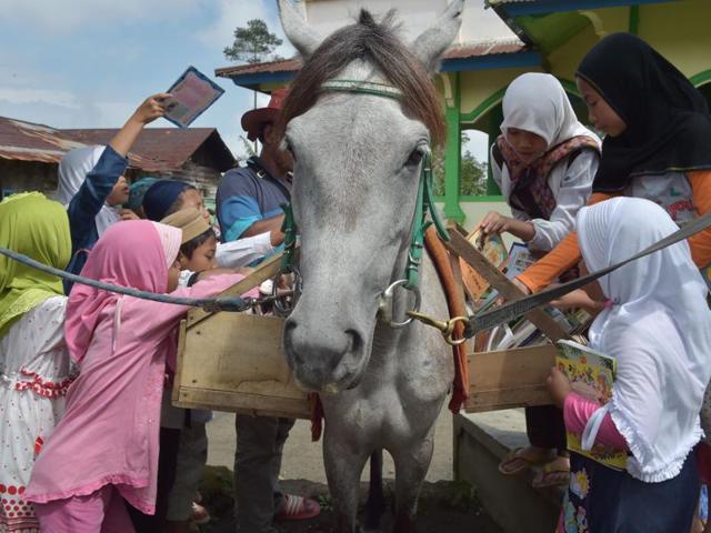 Children sort books from a book shelf on Germanis as Ridwan (back L-in hat) compiles a list. For many in the area, this unique library is their only link to books since there is no traditional library nearby -- a problem for villages across the sprawling Indonesian archipelago. (AFP) 
