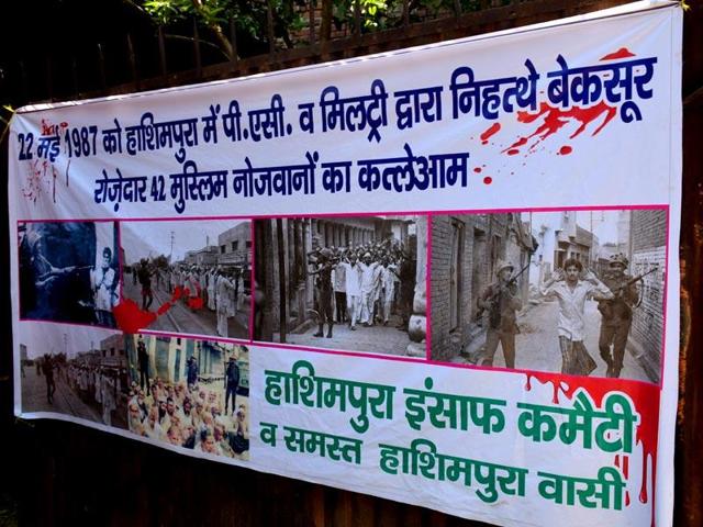 A poster demanding justice for the victims of the killings of 42 Muslims is seen Hashimpura in this file photo. (HT Photo) A poster demanding justice for the victims of the killings of 42 Muslims is seen Hashimpura in this file photo. (HT Photo)