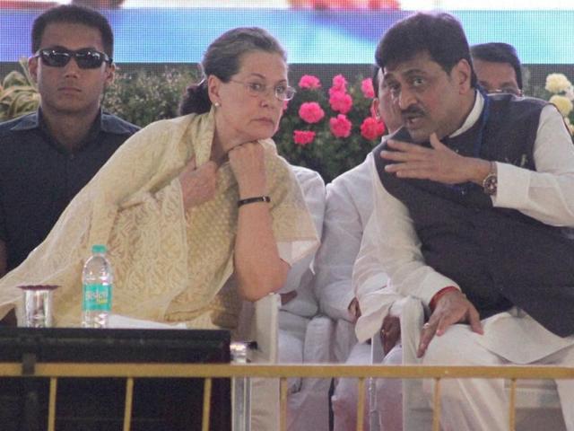 Congress president Sonia Gandhi with Maharashtra party chief Ashok Chavan on Thursday.(PTI Photo)