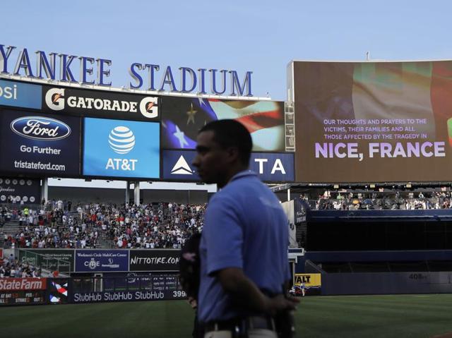 The scoreboard at Yankee Stadium displays a message in memory of the victims of the truck attack in Nice. (AP Photo) The scoreboard at Yankee Stadium displays a message in memory of the victims of the truck attack in Nice. (AP Photo)