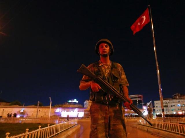 A Turkish military stands guard near the Taksim Square in Istanbul, Turkey. (Reuters) 
