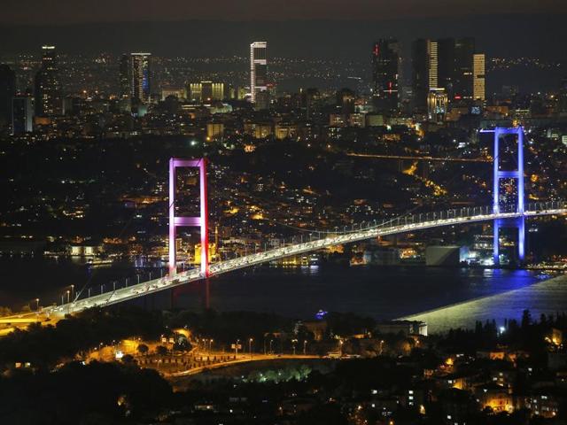 Istanbul's iconic Bosporus Bridge is lit in the colours of the French flag in solidarity with the victims of Thursday's attack in Nice, France, in Istanbul. (AP Photo) Istanbul's iconic Bosporus Bridge is lit in the colours of the French flag in solidarity with the victims of Thursday's attack in Nice, France, in Istanbul. (AP Photo)