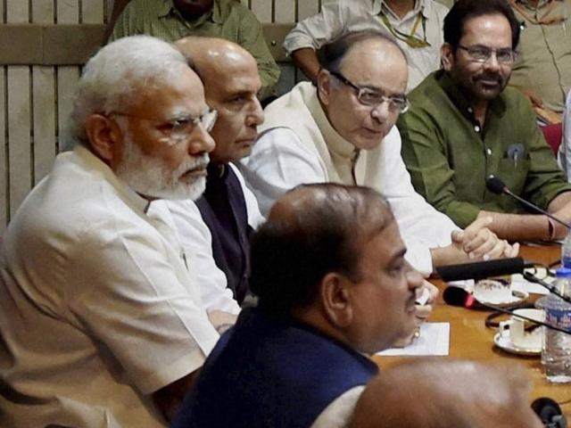 (From left) Congress leader Ghulam Nabi Azad, parliamentary affairs minister Ananth Kumar, Prime Minister Narendra Modi, home minister Rajnath Singh and finance minister Arun Jaitley at an all-party meeting ahead of the monsoon session of Parliament. (Arvind Yadav/HT Photo) (From left) Congress leader Ghulam Nabi Azad, parliamentary affairs minister Ananth Kumar, Prime Minister Narendra Modi, home minister Rajnath Singh and finance minister Arun Jaitley at an all-party meeting ahead of the monsoon session of Parliament. (Arvind Yadav/HT Photo)