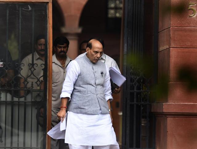 Home minister Rajnath Singh leaves after attending a meeting at the PMO in South Block on Wednesday. (Sonu Mehta/ HT Photo) Home minister Rajnath Singh leaves after attending a meeting at the PMO in South Block on Wednesday. (Sonu Mehta/ HT Photo)