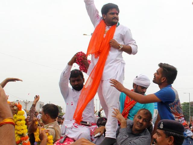 Patidar protests leader Hardik Patel on his release from Lajpore jail in Surat in Gujarat on July 15. After spending nine months in jail, Patel was granted bail by the Gujarat high court on the condition that he stays away from Gujarat for a minimum of six months. (Siddharaj Solanki/ /HT Photo) Patidar protests leader Hardik Patel on his release from Lajpore jail in Surat in Gujarat on July 15. After spending nine months in jail, Patel was granted bail by the Gujarat high court on the condition that he stays away from Gujarat for a minimum of six months. (Siddharaj Solanki/ /HT Photo)