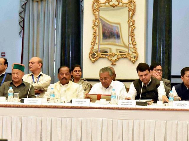 Chief ministers of various states attend the 11th Inter-State Council meeting, chaired by Prime Minister Narendra Modi, in New Delhi on Saturday.(PTI)