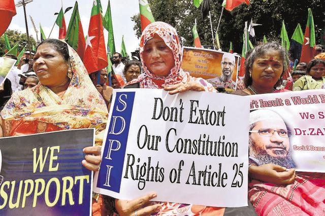Muslims in Chennai take part in a demonstration in support of controversial Islamic preacher Zakir Naik, in Chennai on Saturday. (PTI)
