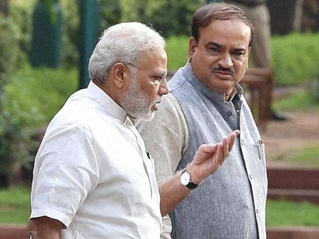 Prime Minster Narendra Modi with parliamentary affairs minister Ananth Kumar ahead of a BJP parliamentary party executive meeting on Monday. (PTI Photo) Prime Minster Narendra Modi with parliamentary affairs minister Ananth Kumar ahead of a BJP parliamentary party executive meeting on Monday. (PTI Photo)