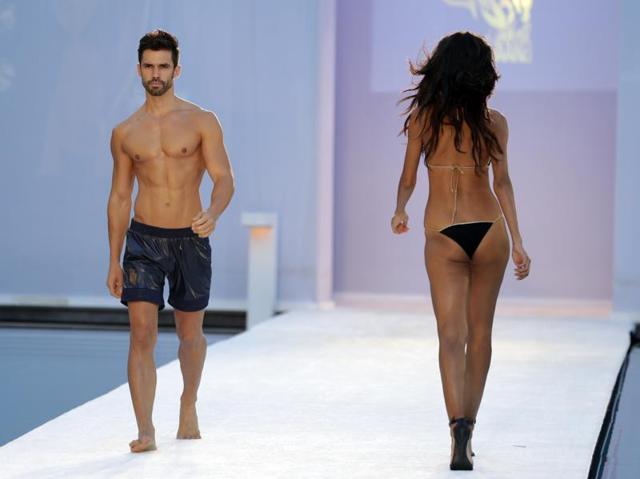 Models walk the ramp at the Filthy Haanz swimwear show. (AP) Models walk the ramp at the Filthy Haanz swimwear show. (AP)