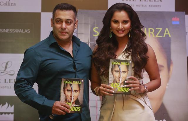 Indian tennis player Sania Mirza, right and Bollywood superstar Salman Khan pose during the release of Sania's autobiography 'Ace Against Odds' in Mumbai. (AP) Indian tennis player Sania Mirza, right and Bollywood superstar Salman Khan pose during the release of Sania's autobiography 'Ace Against Odds' in Mumbai. (AP)