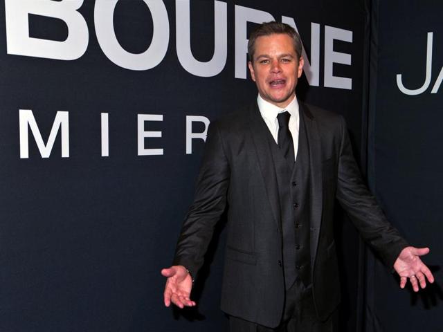 Star Matt Damon gestures at the photographers at the premiere of Jason Bourne, the fifth movie in the Bourne series. (REUTERS) 