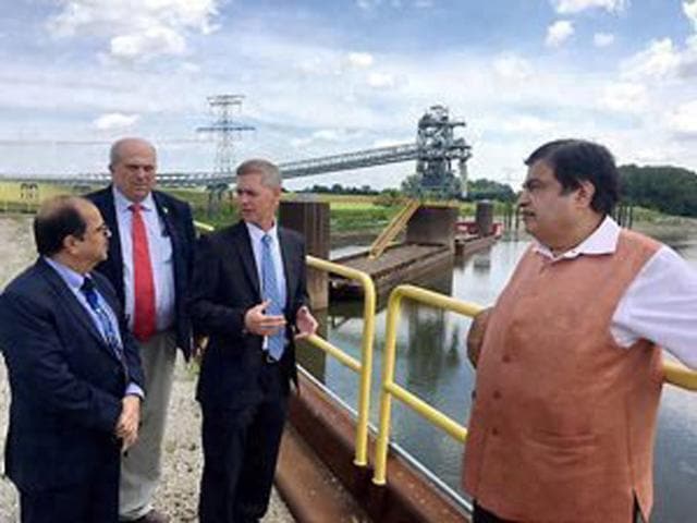 Nitin Gadkari with officials during a visit to Mississippi Inland Waterways on Thursday. (PTI) Nitin Gadkari with officials during a visit to Mississippi Inland Waterways on Thursday. (PTI)