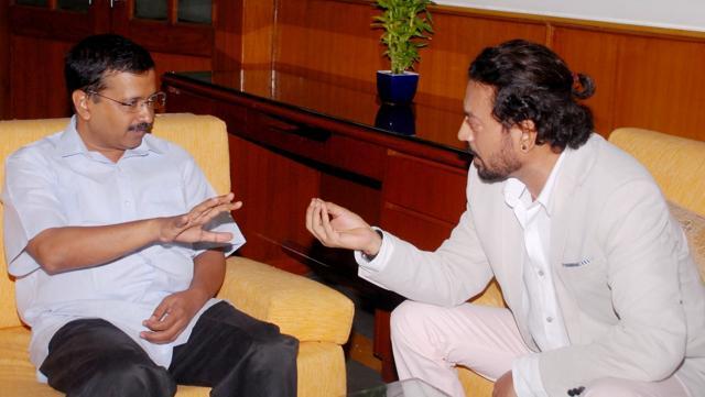 Irrfan Khan calls on the Delhi CM Arvind Kejriwal at the Delhi Secretariat in New Delhi on July 19. (IANS)