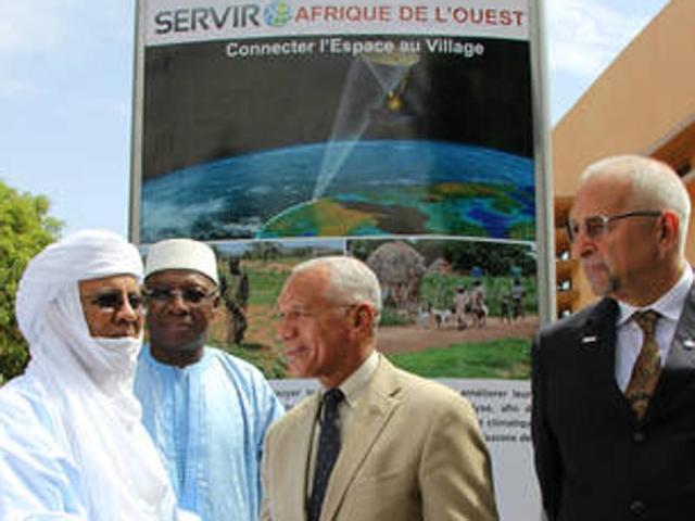 Prime Minister of Niger Brigi Rafini, Kassoum Denon, coordinating minister of CILSS (the permanent institute for drought control in Sahel), Nasa administrator Charles Bolden, and Alex Deprez, USAID West Africa mission director joined in opening Servir-West Africa, a new environmental monitoring program in that will enhance the role of space-based observations in the management of climate-sensitive issues. (USAID) Prime Minister of Niger Brigi Rafini, Kassoum Denon, coordinating minister of CILSS (the permanent institute for drought control in Sahel), Nasa administrator Charles Bolden, and Alex Deprez, USAID West Africa mission director joined in opening Servir-West Africa, a new environmental monitoring program in that will enhance the role of space-based observations in the management of climate-sensitive issues. (USAID)