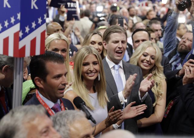 Republican Presidential candidate Donald Trump's children Donald Trump, Jr., Ivanka Trump, Eric Trump and Tiffany Trump celebrate on the convention floor during the second day session. (AP Photo) Republican Presidential candidate Donald Trump's children Donald Trump, Jr., Ivanka Trump, Eric Trump and Tiffany Trump celebrate on the convention floor during the second day session. (AP Photo)