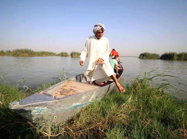 An Iraqi man gets off a boat. The marshlands once stretched across some 20,000 square kilometres (7,700 square miles), but they were devastated after Saddam ordered them drained in the 1990s to stop them being used as hideouts by Shiite guerrillas opposed to his regime. (AFP)