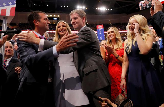 Donald Trump's children (left to right): Donald Trump Jr, Ivanka Trump, Eric Trump, Eric Trump's wife Lara Yunaska and Tiffany Trump, celebrate after announcing the votes of the New York delegation to put their father over the top to win the Republican presidential nomination during the second day of the Republican National Convention in Cleveland on Tuesday. (Reuters) Donald Trump's children (left to right): Donald Trump Jr, Ivanka Trump, Eric Trump, Eric Trump's wife Lara Yunaska and Tiffany Trump, celebrate after announcing the votes of the New York delegation to put their father over the top to win the Republican presidential nomination during the second day of the Republican National Convention in Cleveland on Tuesday. (Reuters)