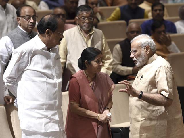 Prime Minster Narendra Modi with external affairs minister Sushma Swaraj and information and broadcasting minister Venkaiah Naidu at the BJP parliamentary party meeting in New Delhi. (Arvind Yadav/ HT Photo) Prime Minster Narendra Modi with external affairs minister Sushma Swaraj and information and broadcasting minister Venkaiah Naidu at the BJP parliamentary party meeting in New Delhi. (Arvind Yadav/ HT Photo)