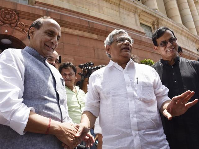 CPI-M leader Sitaram Yechury met home minister Rajnath Singh during Monsoon session of Parliament in New Delhi on Wednesday. (Vipin Kumar/HT Photo) CPI-M leader Sitaram Yechury met home minister Rajnath Singh during Monsoon session of Parliament in New Delhi on Wednesday. (Vipin Kumar/HT Photo)