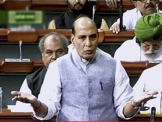 Home minister Rajnath Singh speaks in Lok Sabha during monsoon session of Parliament in New Delhi.(PTI Photo)