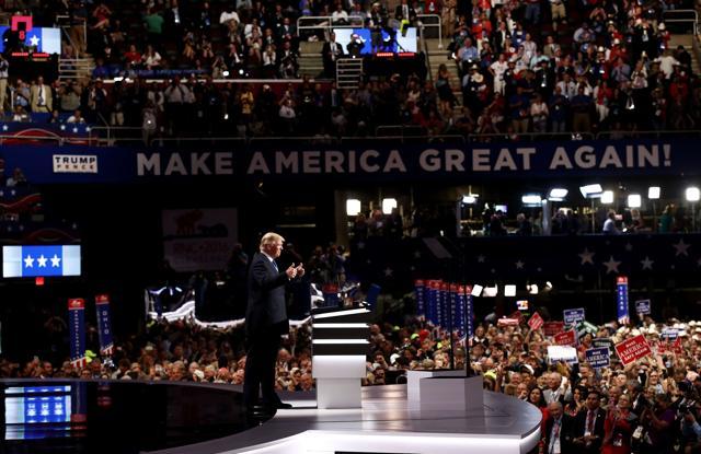 Republican presidential nominee Donald Trump gives a thumbs up while introducing his wife Melania on the first day of the Republican National Convention. (AFP Photo) Republican presidential nominee Donald Trump gives a thumbs up while introducing his wife Melania on the first day of the Republican National Convention. (AFP Photo)