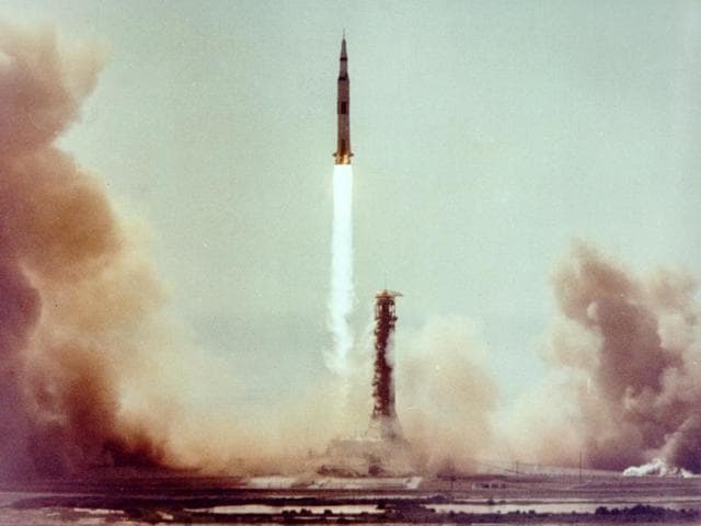 The Saturn V launch vehicle carrying the astronauts and lunar module lifted off at 8:32 am CDT, July 16, 1969, from launch complex at the Kennedy Space Center.  (NASA) 