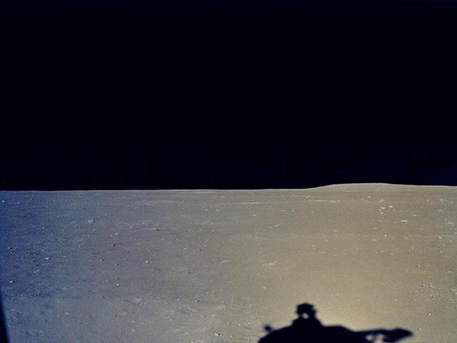 A view of the moon surface from lunar module’s window just after landing.  (NASA) 