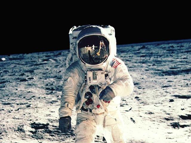 Another image often used by magazines: Aldrin posing for a moon portrait.  (NASA) 