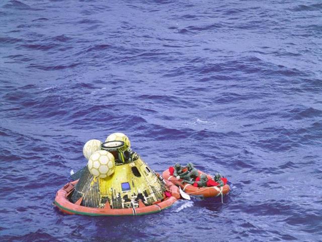 The Apollo 11 command module Columbia splashed down at 11:49 am CDT, July 24, 1969.  (NASA) 