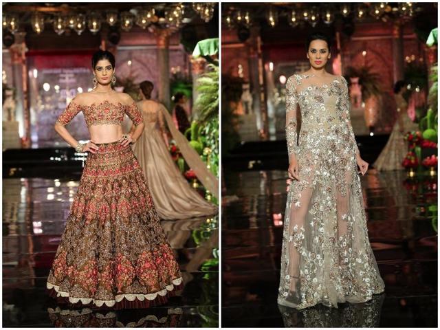 Architectural and chintz-inspired motifs seem to be trending for bridalwear (left); Here’s inspiration for cocktailwear done right (right). (Rajessh Kashyap/ HT Photo) Architectural and chintz-inspired motifs seem to be trending for bridalwear (left); Here’s inspiration for cocktailwear done right (right). (Rajessh Kashyap/ HT Photo)