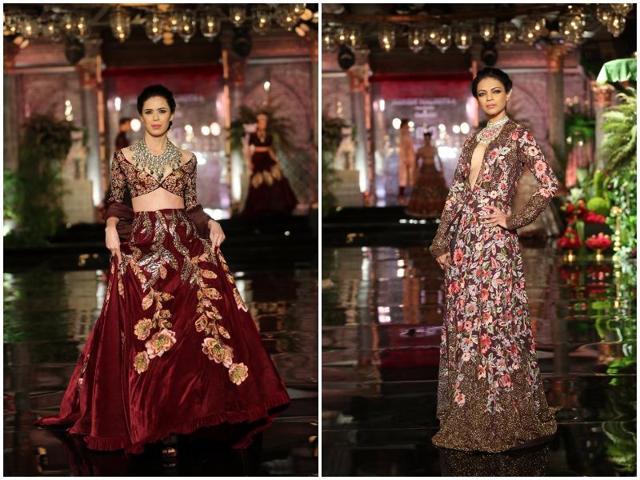 Velvet maroons seem to never go out of fashion. If you don’t mind ornate, this could be your bridal pick (left; Florals get a moody tweak with evident Persian detailing (right). (Rajessh Kashyap/ HT Photo) Velvet maroons seem to never go out of fashion. If you don’t mind ornate, this could be your bridal pick (left; Florals get a moody tweak with evident Persian detailing (right). (Rajessh Kashyap/ HT Photo)