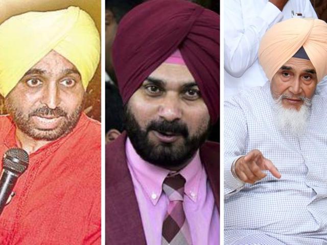 From left: AAP MP Bhagwant Mann, former MP Navjot Singh Sidhu, and Punjab AAP convener Sucha Singh Chhotepur.(HT Photos/File)