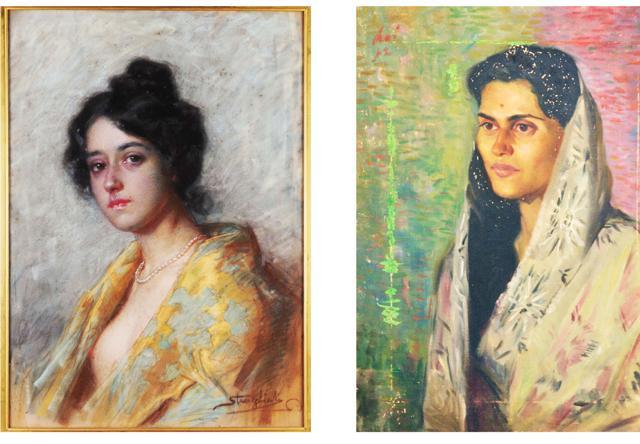 (From left) Portrait of a young lady with a string of pearls by Stragliati and a portrait by Ravindra Mistry (The Bombay Art Society) (From left) Portrait of a young lady with a string of pearls by Stragliati and a portrait by Ravindra Mistry (The Bombay Art Society)