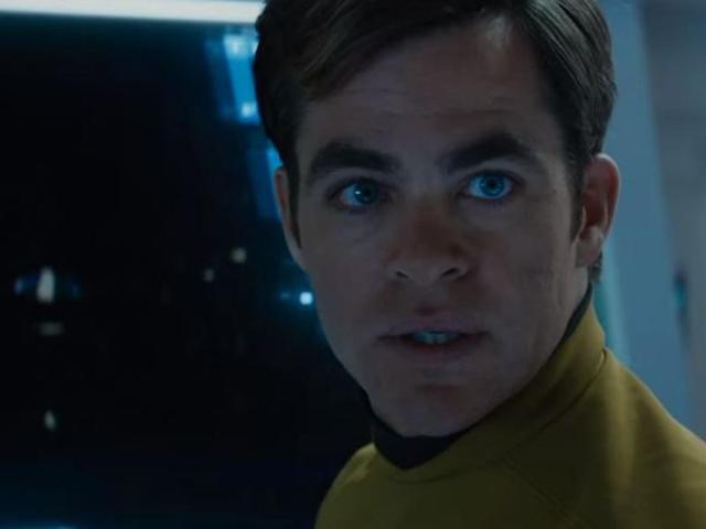 Anton Yelchin plays Chekov, Chris Pine plays Kirk and John Cho plays Sulu in Star Trek Beyond. 