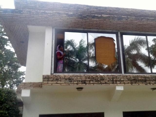 BSP supporters pelted stones at state cabinet minister Rajendra Shukla’s house in Rewa district on Thursday. BSP supporters pelted stones at state cabinet minister Rajendra Shukla’s house in Rewa district on Thursday.